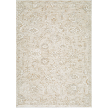 A beige and white floral patterned rug.
